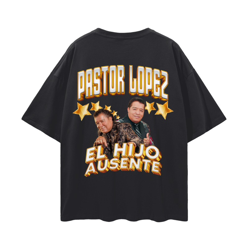 Hijo Ausente Oversize Tee, back: Pastor López in gold