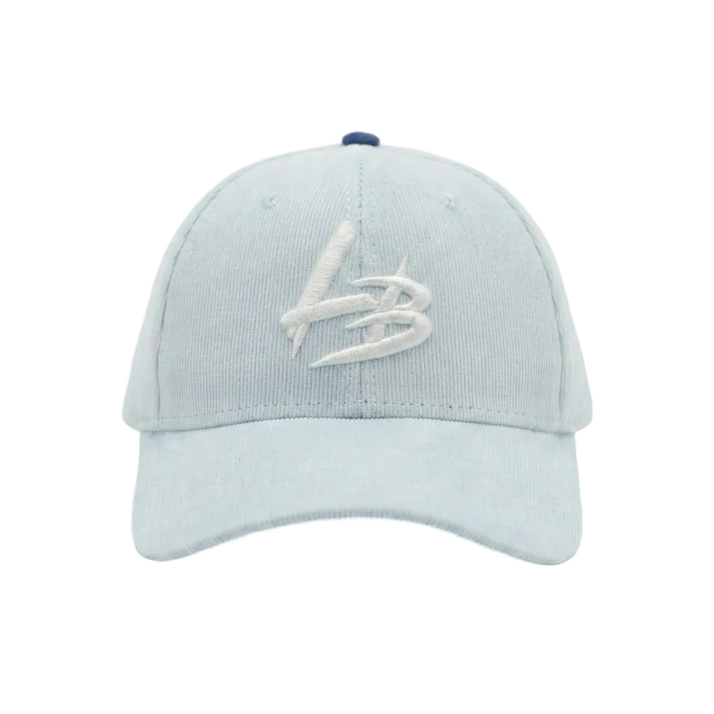 Light blue baseball cap with white logo on a white background