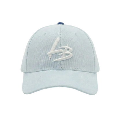 Light blue baseball cap with white logo on a white background