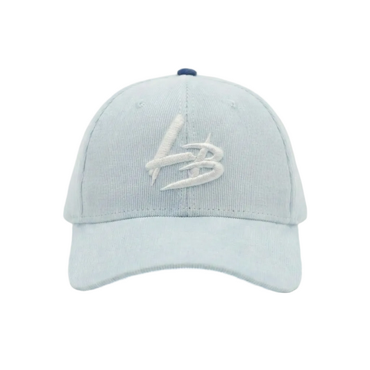Light blue baseball cap with white logo on a white background