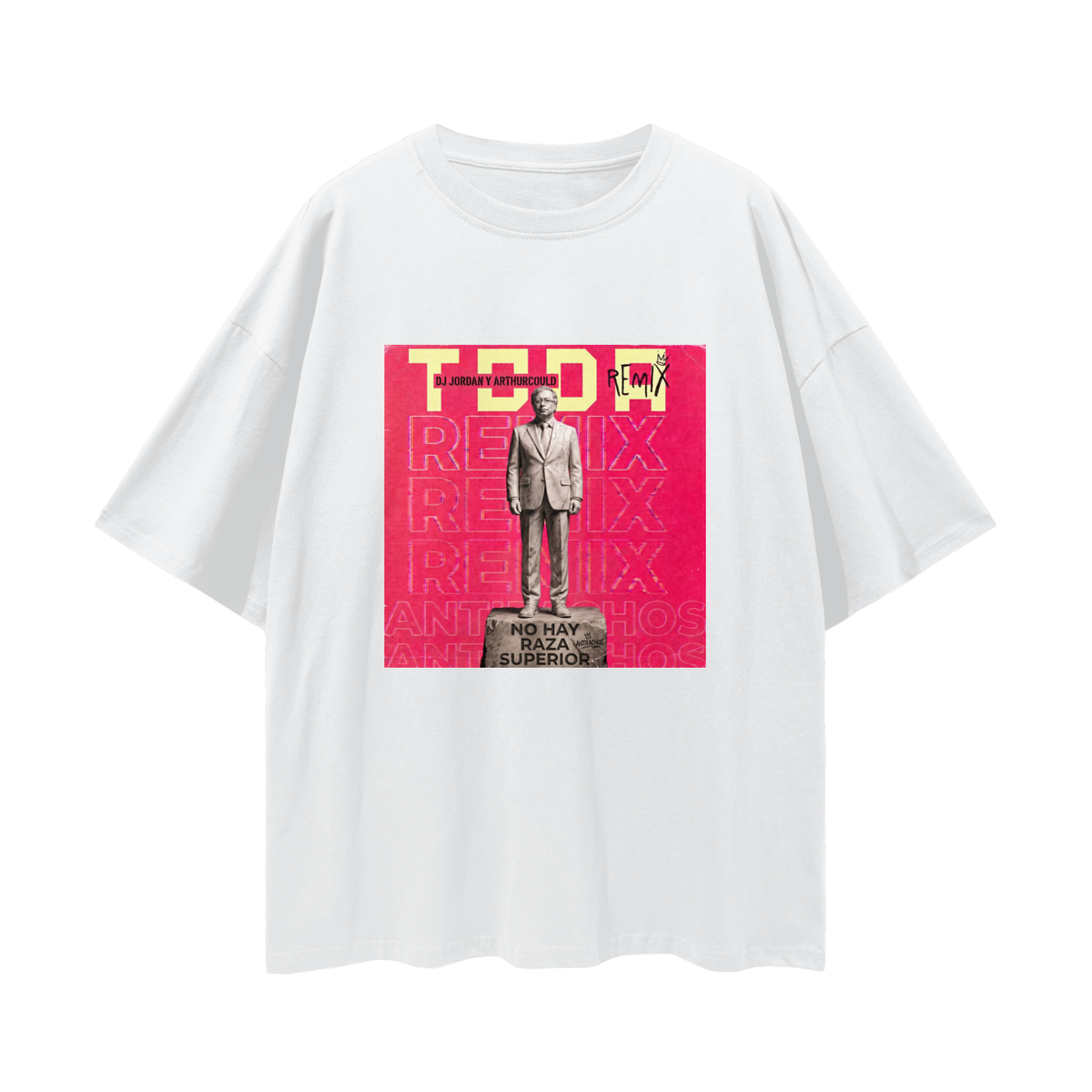 Petrosky Oversize Tee, front: Petro remix cover on a white tee